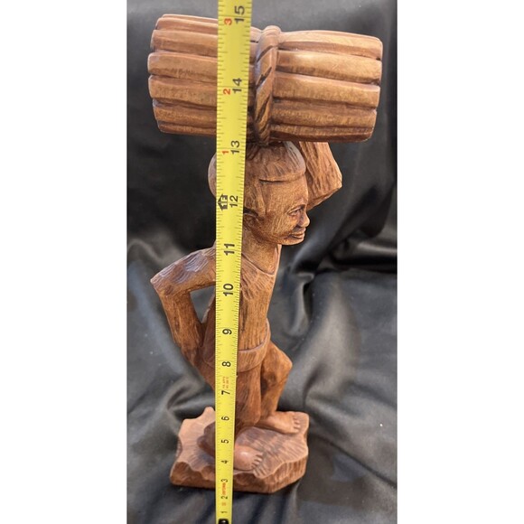 S. Valescot Signed Vintage Carved Wooden Sculpture of a Man Carrying Wood Hati - Picture 8 of 10